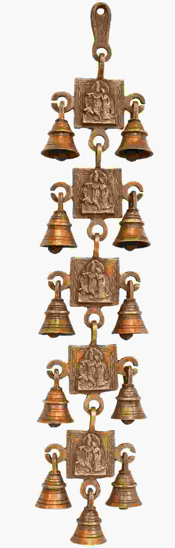 Handmade Brass Wall Hanging of Radha Krishna with Bells 18 Inches Mandir Setting
