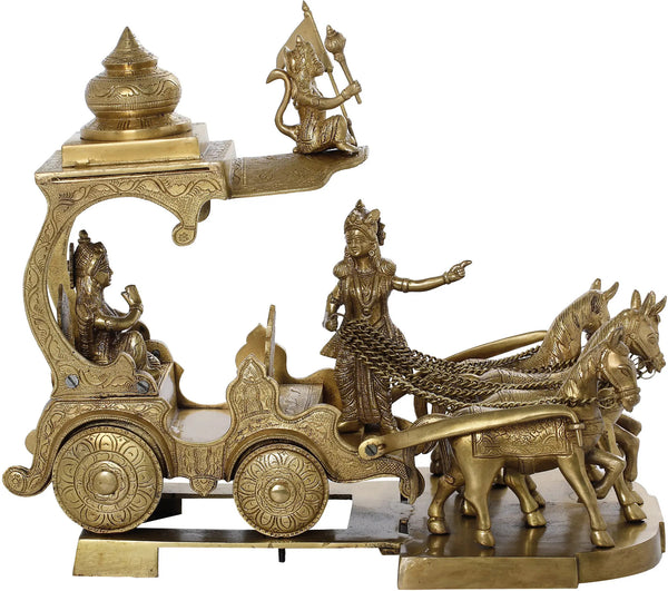 Handmade Brass Sculpture of Gita Upadesha Arjun Rath (Height: 16 Inches) Mandir Setting