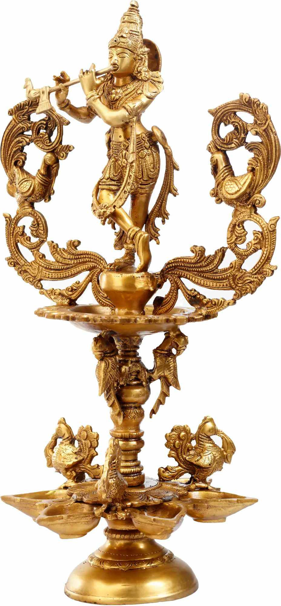 Handmade Brass Devotional Lamp of Lord Krishna 19 Inches Craft Detail