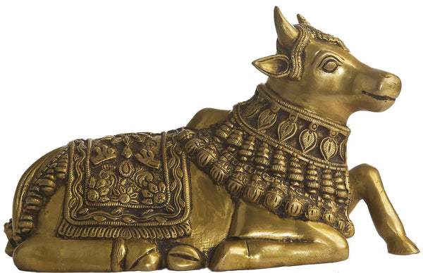 Handmade Natural Brass Statue of Nandi, the Vehicle of Lord Shiva 10 Inches Mandir Setting