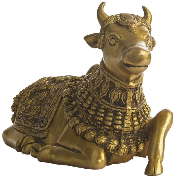 Handmade Natural Brass Statue of Nandi, the Vehicle of Lord Shiva 10 Inches Entryway Setting