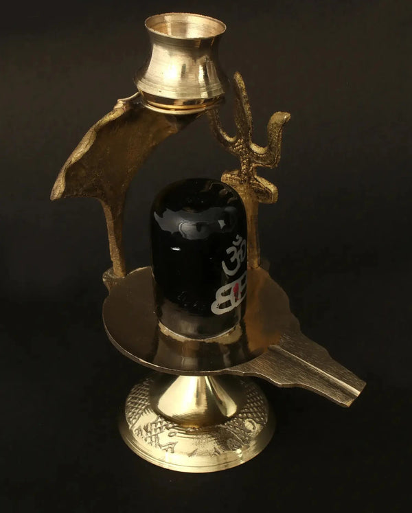 Black Stone Shiva Linga Idol with Brass Trishul, Nag, and Patra 7 CM Study Setting
