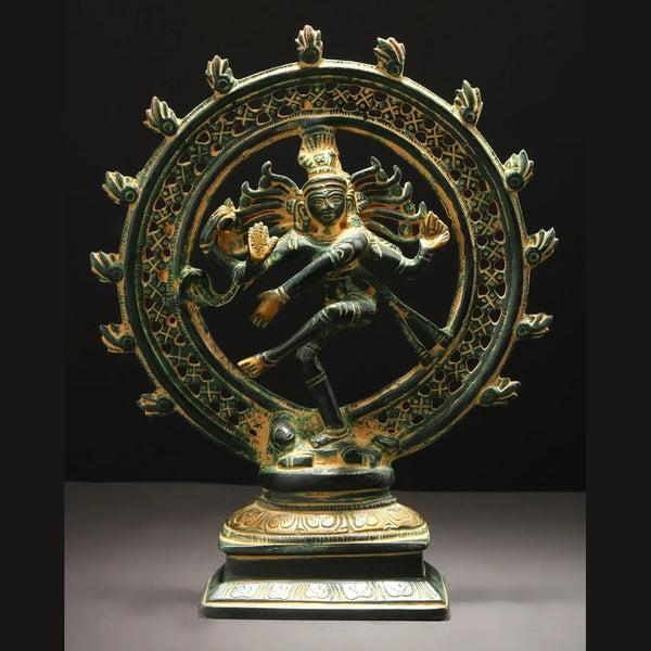 Handcrafted Green Patina Brass Idol of Lord Shiva as Nataraja 9 inches Mandir Setting