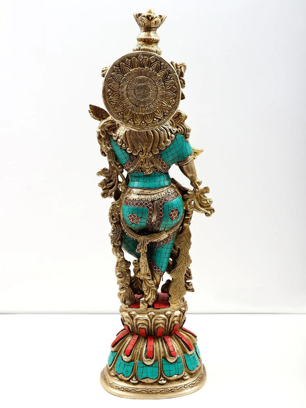 Handmade Brass Sculpture of Krishna Playing the Flute with Inlay Work 24 inches Study Setting
