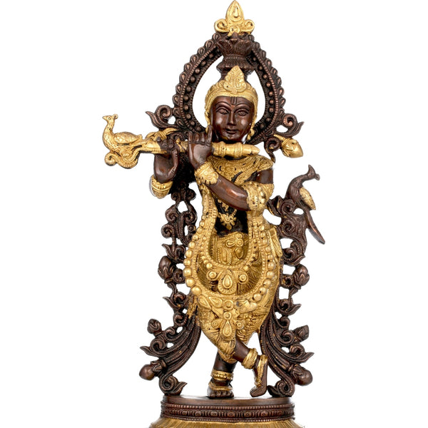 Handmade Brown gold Brass Sculpture of Venugopala (Krishna Playing the Flute) 15 inches Mandir Setting