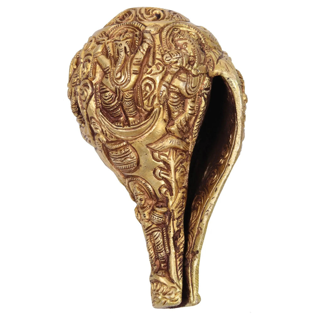 Brass Conch Featuring Images of Shiva, Parvati, and Ganesha 5 inches