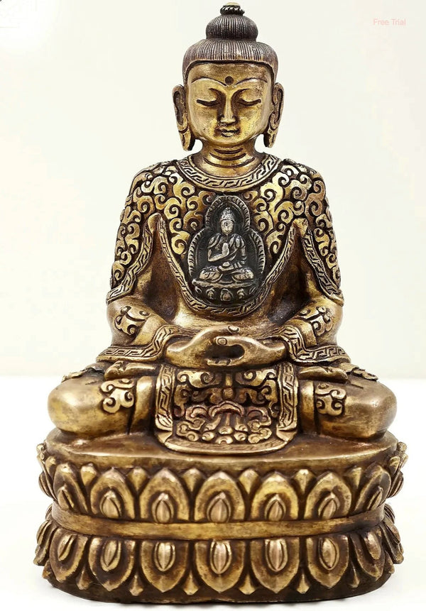 Small Brass Tibetan Buddhist Lord Buddha Idol in Dhyana Mudra 6 inches Mandir Setting
