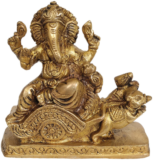 Lord Ganesha Idol Riding on Mouse Chariot in Brass 4 inches Mandir Setting