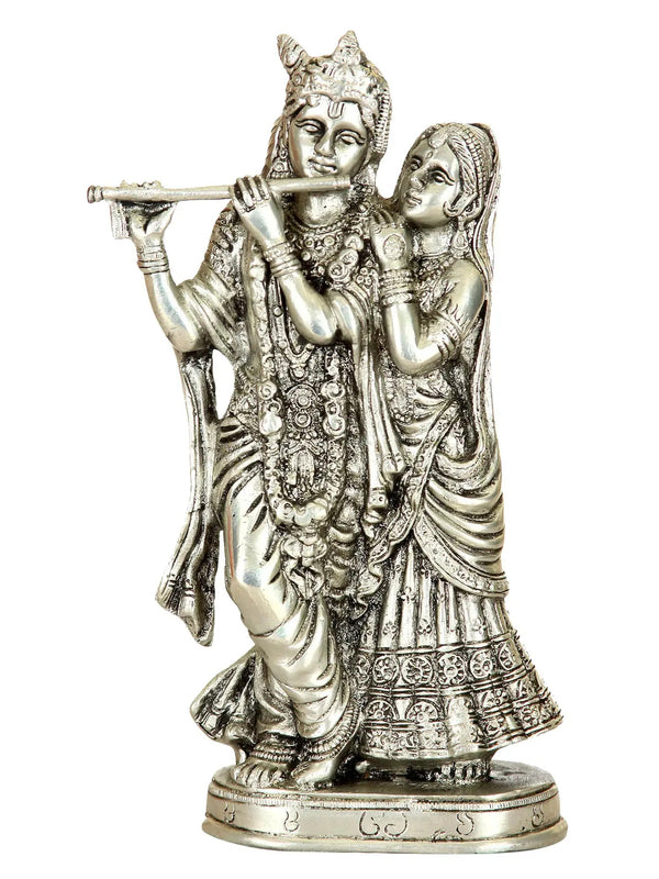 Brass Handmade Alluring Silver Monochrome Radha-Krishna 8 inches Mandir Setting
