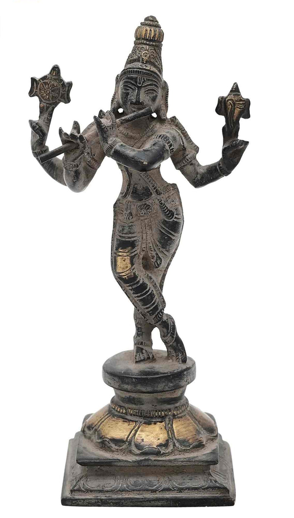 Handmade Antique Black Gold Brass Lord Murli Krishna Statue 7.2 INCHES Mandir Setting