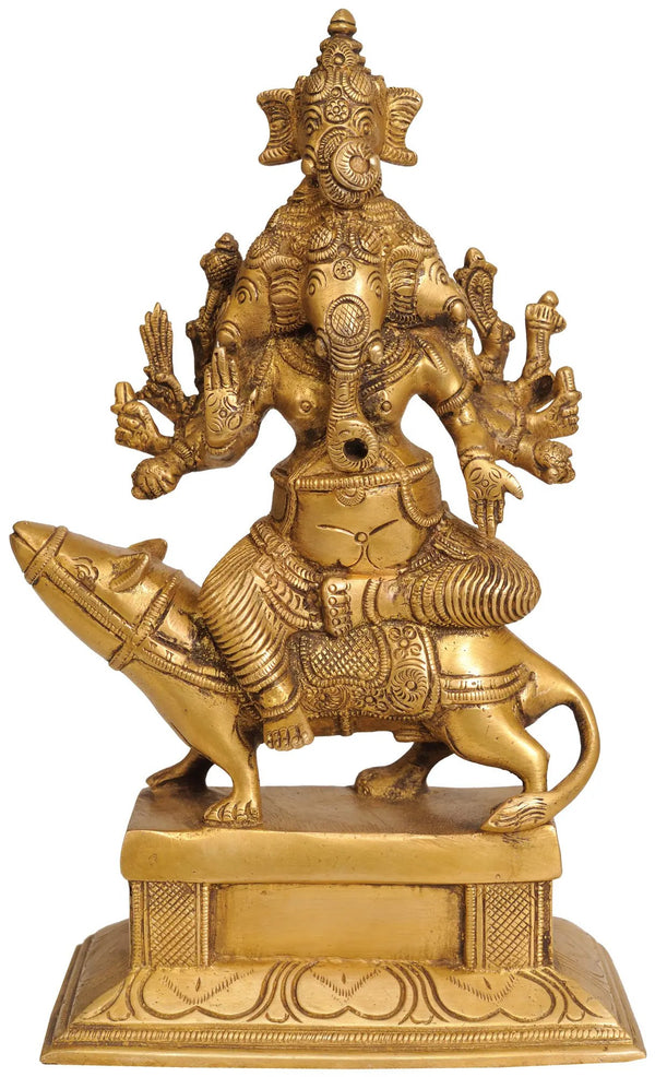 Brass Five Headed Lord Ganesha Seated on His Mount Mandir Setting