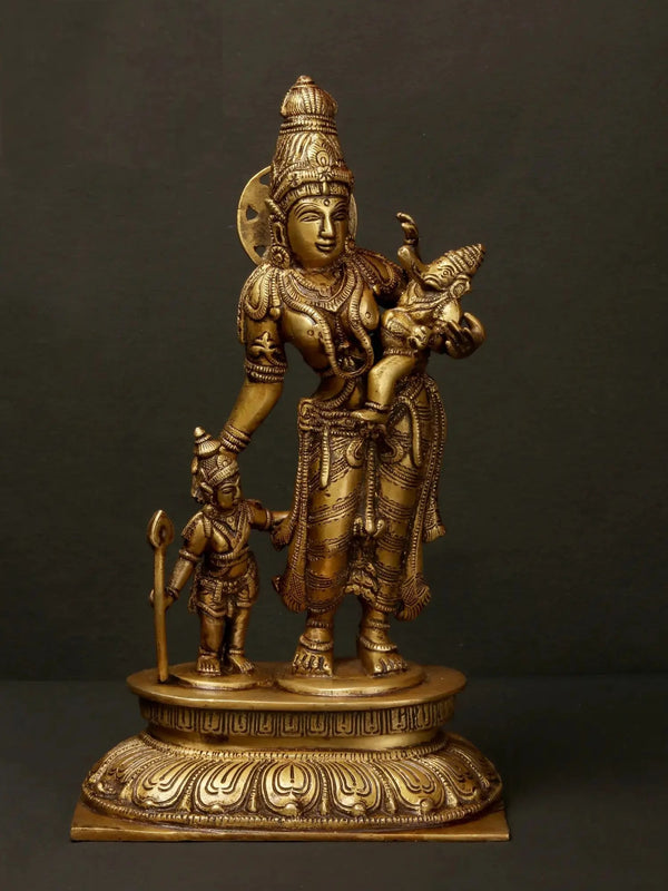 Brass Handmade Goddess Parvati with Her Sons Ganesha and Karttikeya''10 Mandir Setting