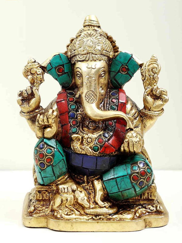 brass Seated Lord Ganesha 6 inches Mandir Setting