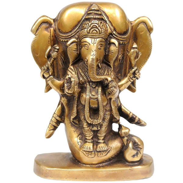 Brass Lord Ganesha Idol with an Elephant Head Backdrop 5 inches Mandir Setting