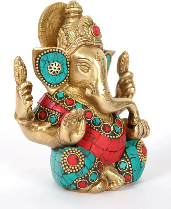 Small brass idol of Lord Ganapati with inlay work 4 inches Study Setting