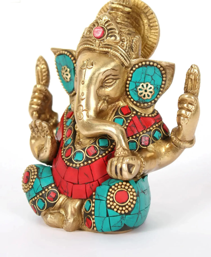 Small brass idol of Lord Ganapati with inlay work 4 inches Craft Detail