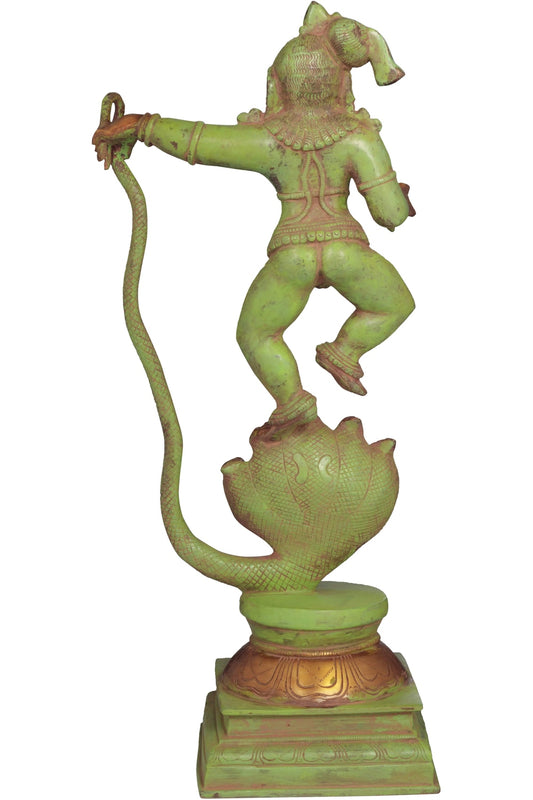 Green Chala Brass Statue Depicting Lord Krishna Vanquishing Kaliya 18 Inches