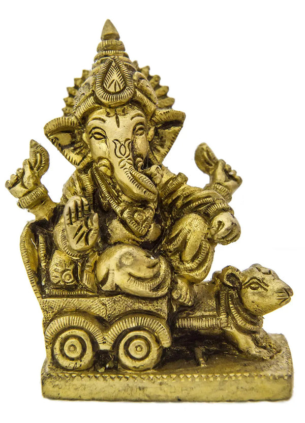 Brass idol of Lord Ganesha riding a mouse chariot 3 inches Mandir Setting