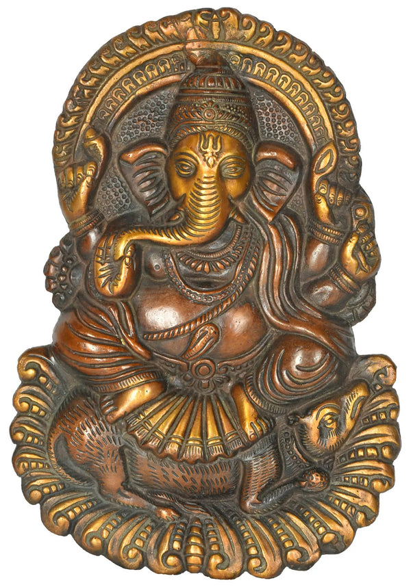 Brass Wall Hanging of Ganesha Seated on a Rat (Flat Statue) 9 inches Mandir Setting