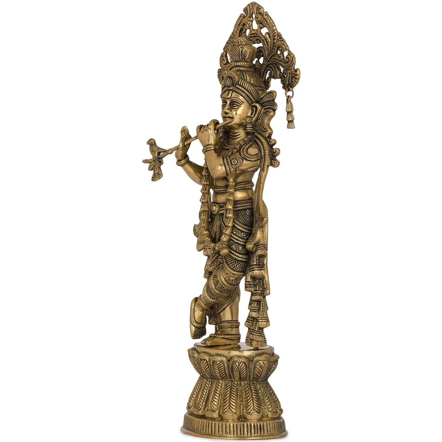 Handmade Brass Sculpture of Krishna Playing the Flute 17 Inches Craft Detail