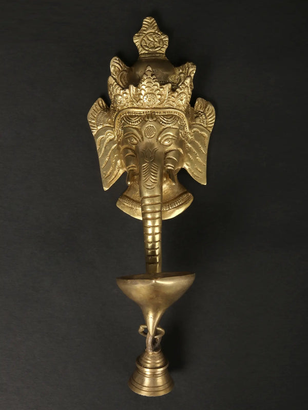 Lord Ganesha Wall Hanging Mask with Brass Diya and Bell 11 inches Entryway Setting
