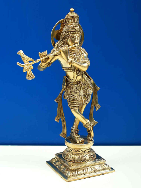 Amazing Natural Brass Statue of Lord Krishna Playing the Flute 12 inches Entryway Setting