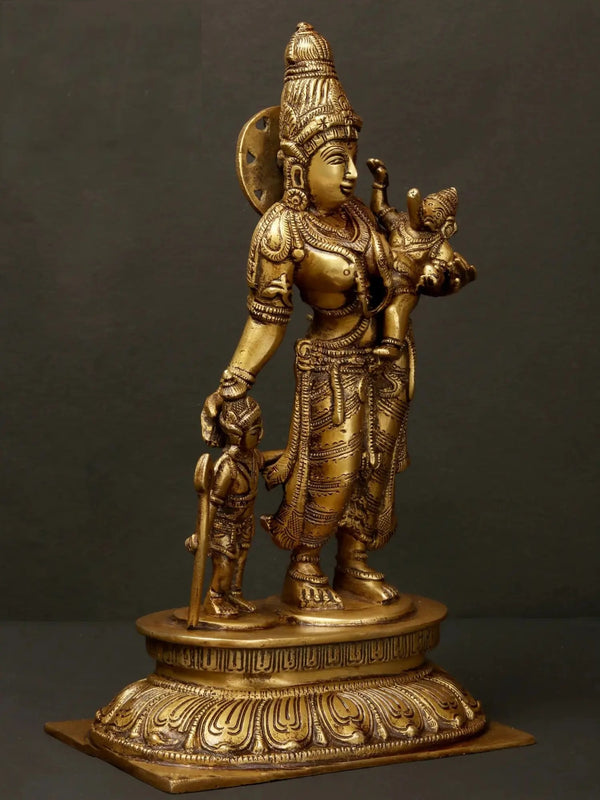 Brass Handmade Goddess Parvati with Her Sons Ganesha and Karttikeya''10 Study Setting
