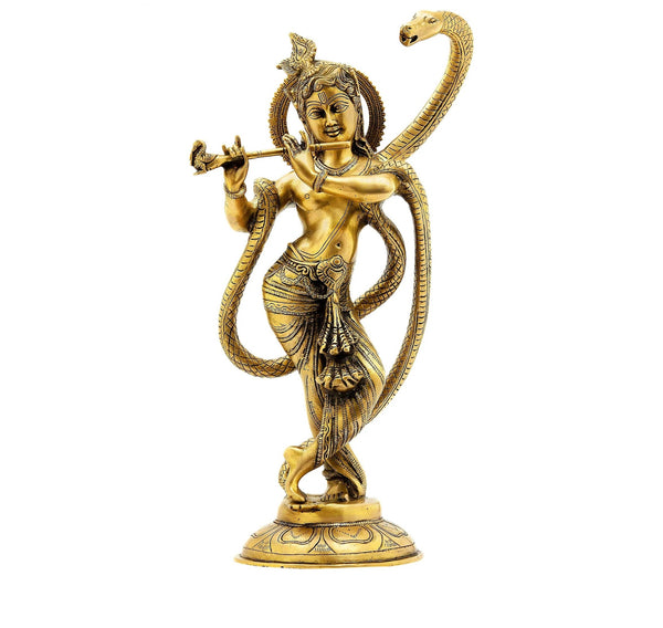 Brass Statue of Shri Krishna and Kaliya 15 inches Mandir Setting