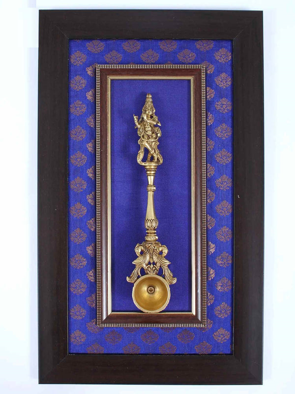 Wooden Framed Brass Ritual Spoon of Lord Krishna | Wall Hanging 17 Inches Mandir Setting