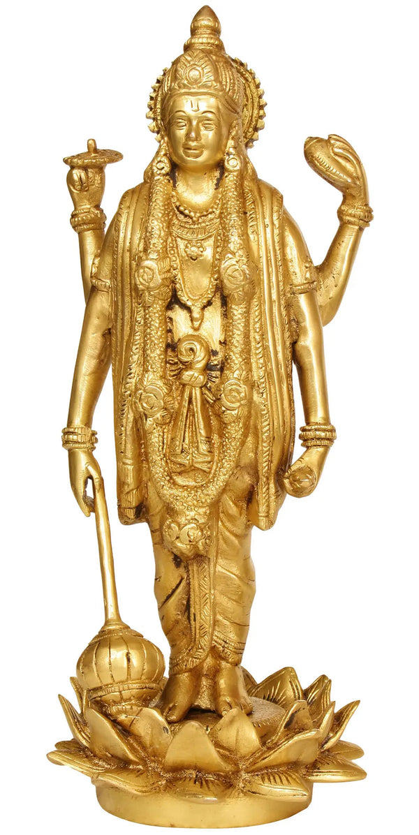 Brass Statue of Lord Vishnu - Sustainer of the Universe 12 inches Mandir Setting