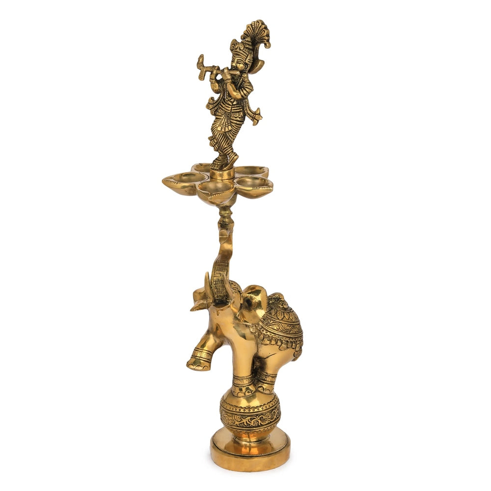 Handmade Brass Lamp of Lord Krishna on the Tusk of an Acrobatic Elephant 17 Inches