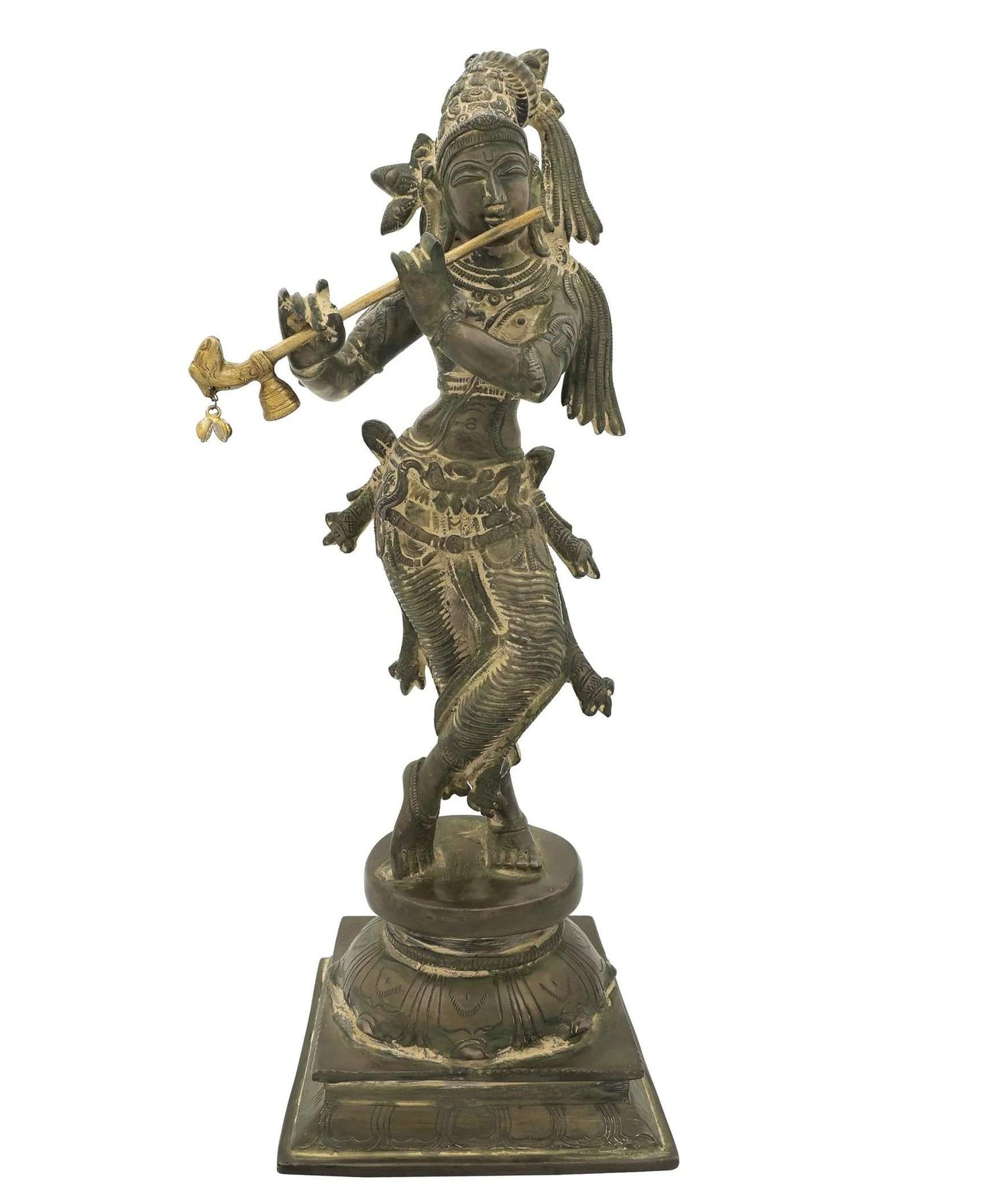 Antique Green Brass Statue of Standing Lord Krishna Playing the Flute 14 inches