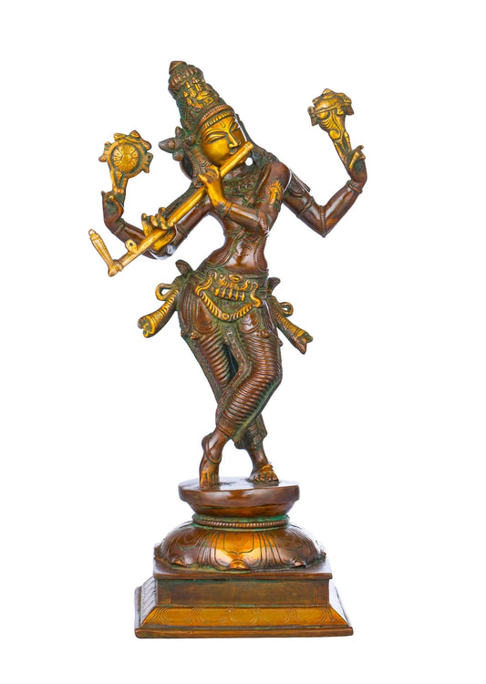Double chala Handmade Brass Statue Depicting Lord Krishna's Cosmic Form, the Eighth Incarnation of Vishnu 14 inches