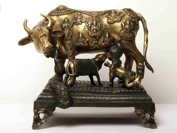 Statue of Kamadhenu Cow and Calf with Baby Krishna and a Peacock 15 inches. Mandir Setting