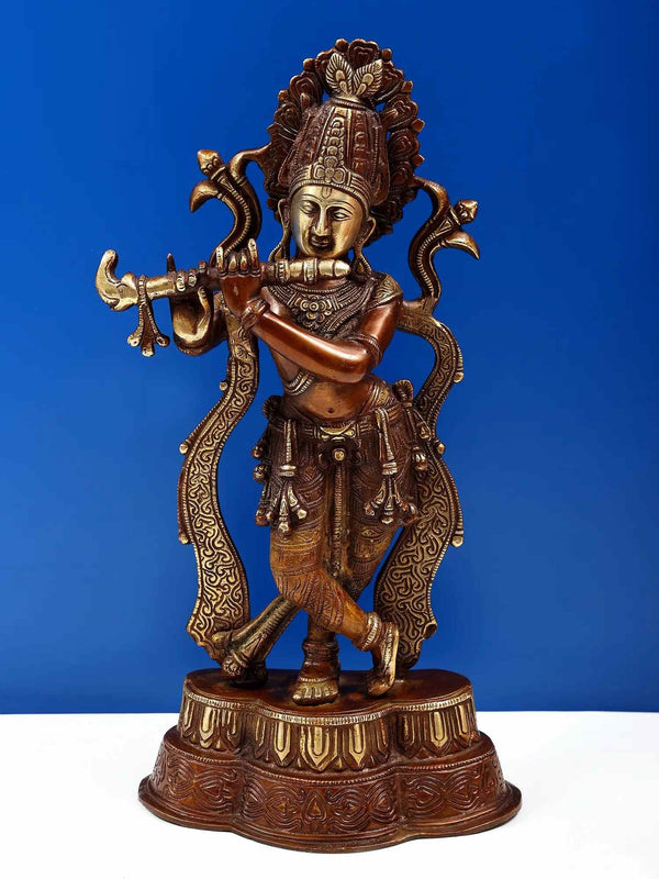 Brown with natural Brass Statue of Standing Fluting Krishna 14 INCHES Mandir Setting