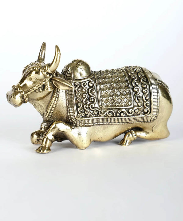 Superfine Small Nandi Brass Statue - Vahana of Lord Shiva 4 Inches Mandir Setting