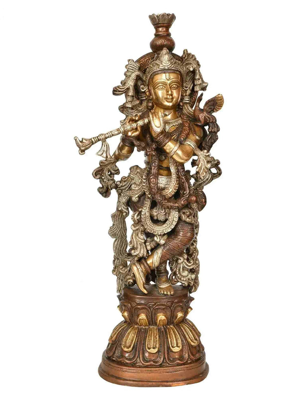 Handmade Brown silver gold Brass Statue of Murli Krishna 20 INCHES Mandir Setting