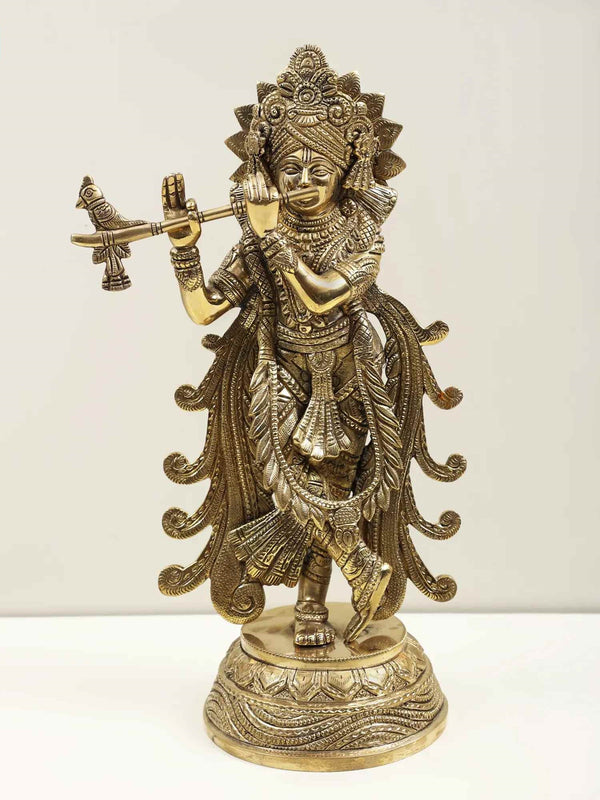 Natural Brass Statue of Lord Krishna Playing the Flute 13 Inches Mandir Setting
