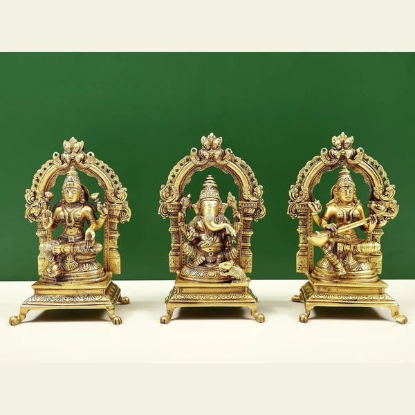 Brass trio Ganesha, Lakshmi and Saraswati statue (Height: 8 inches) Mandir Setting