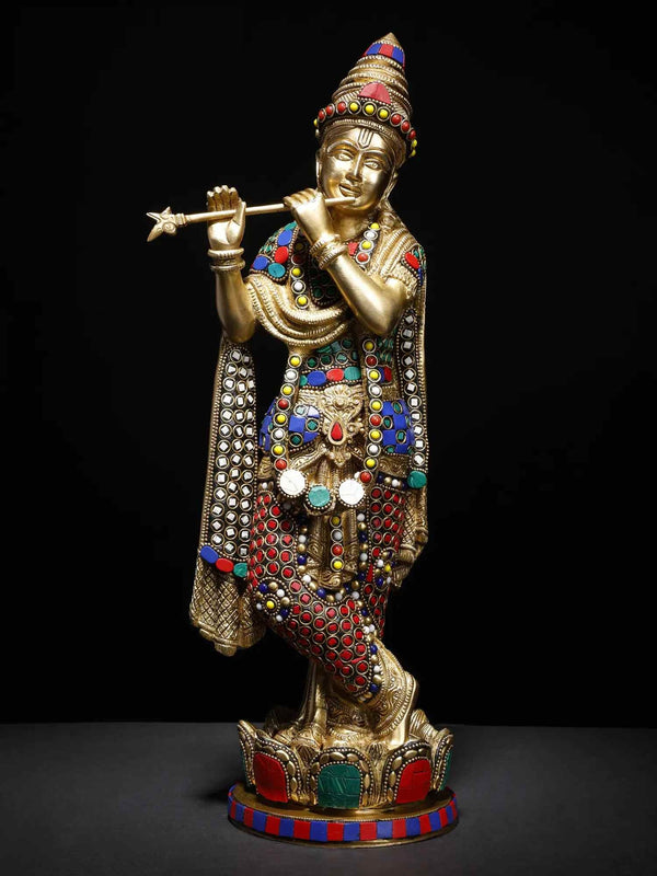 Lord Krishna Playing Flute on a Lotus Pedestal 17 Inches Mandir Setting