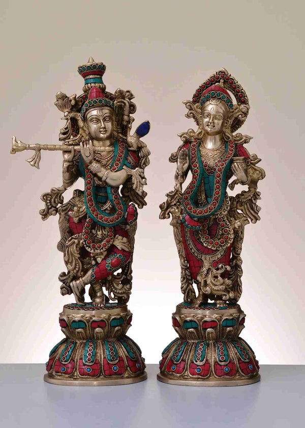 Brass Statue of Radha Krishna with Intricate Inlay Work 18 inches Mandir Setting