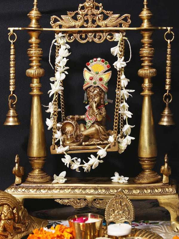 Handmade Brass Butter Krishna Idol Swing 16 inches Mandir Setting