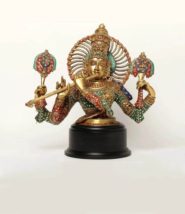 Chaturbhuja Venugopal (Krishna) Brass Bust with Inlay Work on Wooden Base 18 inches Mandir Setting