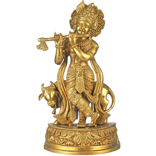 Handmade Brass Statue of Venugopala (Fluting Krishna with His Cow) 12 inches