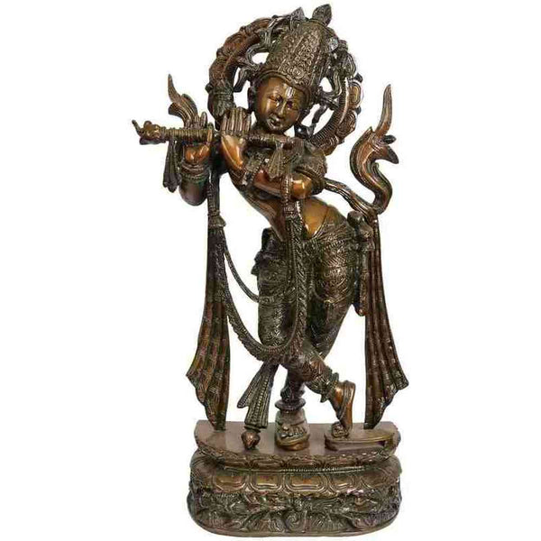 Handmade Chala Brass Statue of Venugopala (Flute-Playing Krishna) Wearing Khadau 22 INCHES Mandir Setting
