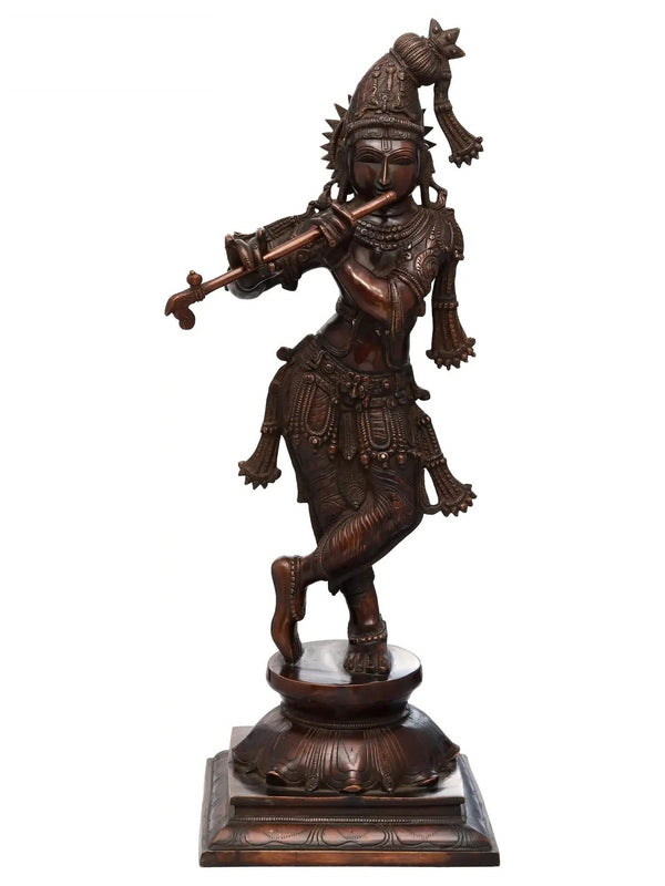 The Tribhanga Murari (Krishna) Playing the Flute in Indian Cocoa Brass 23 inches Mandir Setting
