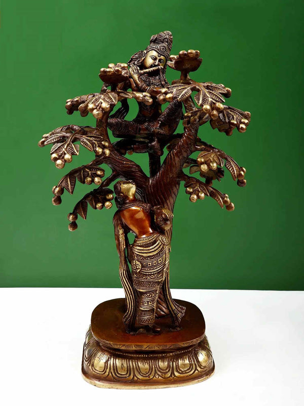 Brown with natural brass Krishna on a Tree with Radha Standing Beneath 12.5 cm Mandir Setting
