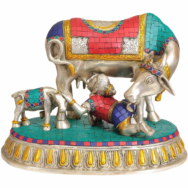 Handmade Brass Statue of Baby Krishna Drinking Cow's Milk 10 Inches Mandir Setting
