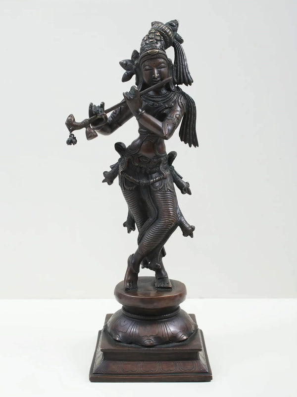 Indian Cocoa Brass Statue of Standing Lord Krishna Playing the Flute 14 inches Mandir Setting