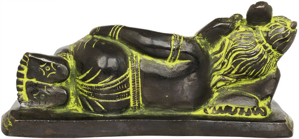 Black Green Gold Handmade Brass Statue of Relaxing Ganesha 6 inches Study Setting